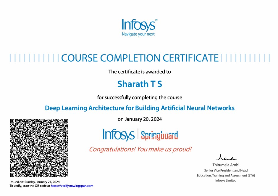 Deep Learning ANN certificate